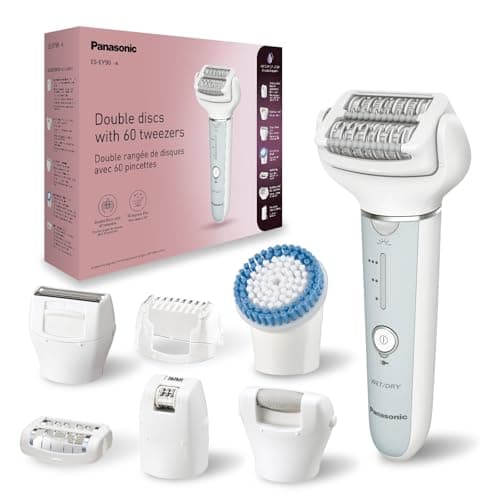 Image of Panasonic ES-EY90-A511 Wet and Dry Epilator, Double Disc with 60 Tweezers, Flexible 90° Pivoting Head, 3 Speed Seting & LED Light, Up to 30 Minutes Operation Time.