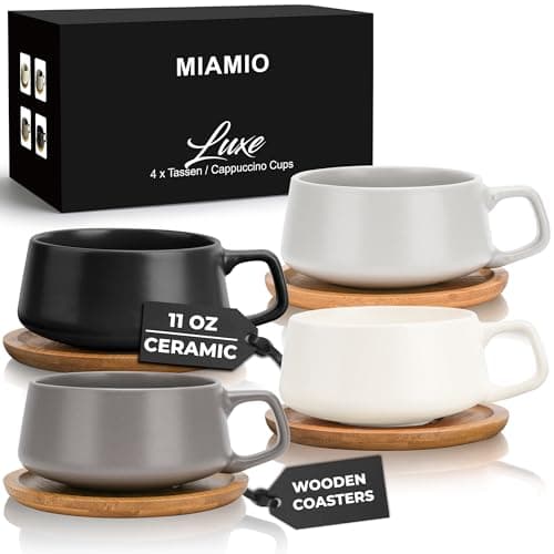 Image of MIAMIO – 320 ml, Set of 4 Ceramic Tea Cup and Saucer Bamboo/Tea Mug - Wide Cappuccino Cup, Coffee Cups Ceramic Mug for Cappuccino, Latte, Espresso & Americano - Luxe Collection (Classic Pastel)