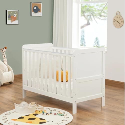 Image of Babymore Caro Urban Mini Cot Bed White - Convertible Cot Bed to Toddler Bed From Birth Upto 4 Years, 3 Adjustable Mattress Base Position, Baby Cot With Protective Teething Rails | Without Mattress