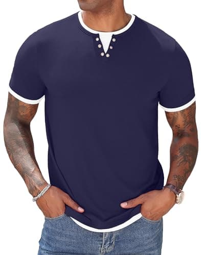 Image of Hisir Mens T Shirt Summer Henley Short Sleeve Regular Fit Round Neck Casual Tops Classic Color Block Tee Shirts (Navy Blue, XL)