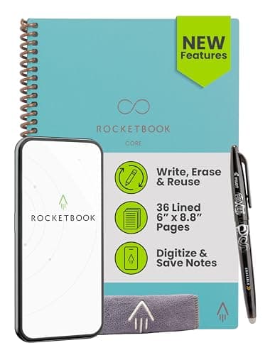 Image of Rocketbook New Core Reusable Spiral Notebook, Executive Size 6x8.8, Teal - Lined Pages, App-Connected, Erasable, Durable Cover, Ideal for School, Work, and Creative Projects