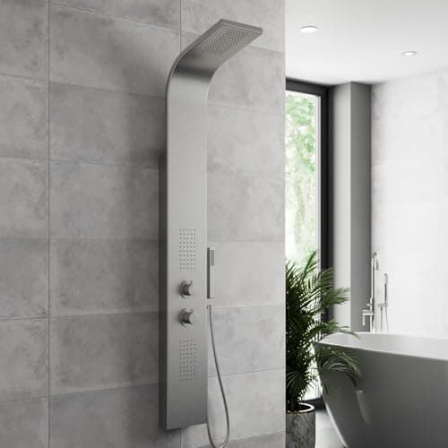 Image of Architeckt® Thermostatic Shower Tower Column Panel, Three Function 3-in1 System with Rainfall Head Handset 2 Body Jets Showers Curved, Brushed Steel