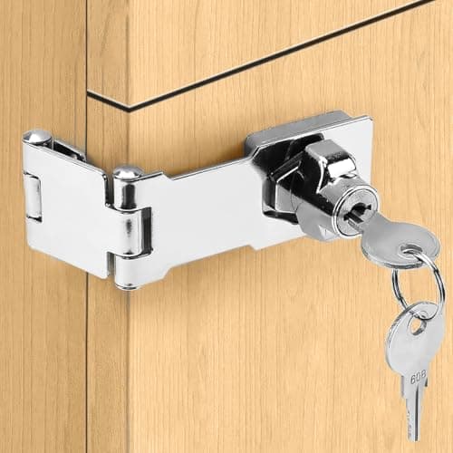 Image of Litensh Keyed Hasp Lock Right Angle 90 Degrees Lock Hasp Twist Knob Keyed Locking Hasp Shed Locks Door Clasp Door Bolt Latch Buckle Hasp with Padlock Keys for Cupboard Silver Triple Fold 3 Inch