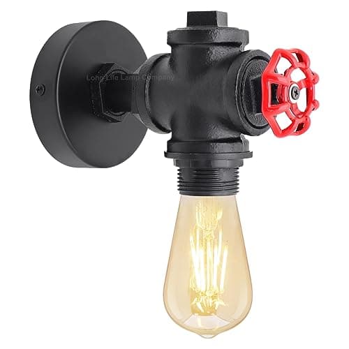 Image of Long Life Lamp Company Vintage Iron Steampunk Wall Light Retro Industrial Water Pipe Wall Light Red Valve Tap H3107P