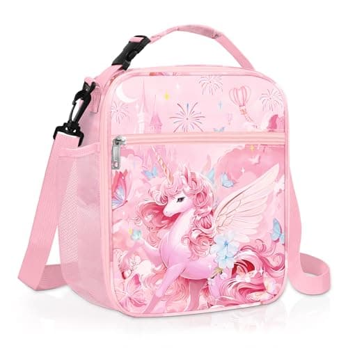 Image of Clastyle Unicorn Insulated Lunch Bag Large Thermal Cooler Bag for Girl Picnic Lunch Box Tote, Pink Unicorn Angle
