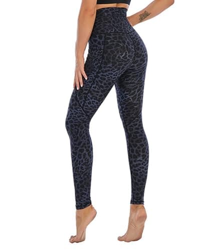 Image of FASH-ICONS Blue Leopard Print Leggings for Womens High Waisted Yoga Pants with Pockets Buttery-Soft Workout Running Tight 31" Full Length Size XS UK(4)