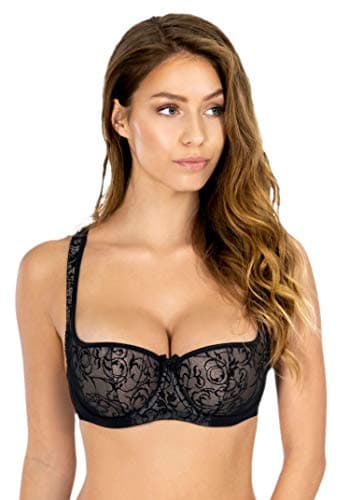 Image of Rosme Women's Balconette Bra with Push Up Effect – Plus Size Sexy Lace Demi Half Cup Bra – Lightly Padded Underwired Low Cut Mesh Design Grand, Black, Size 34B