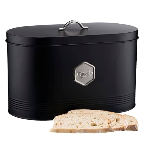 Image of Cooks Professional Bread Bin | Modern Stylish Kitchen Countertop Labelled Metal Storage Canister | Breathable Container Box for Loaves, Pastries, Rolls | Black & Silver