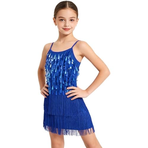 Image of LOLANTA Girls Sequin Fringe Dance Costume, Kids Salsa Rumba Latin Dancing Clothes Set, Sparkling Sleeveless Tassel Dance Mini Dress with Shorts, RoyalBlue, 10-11 Years, 150