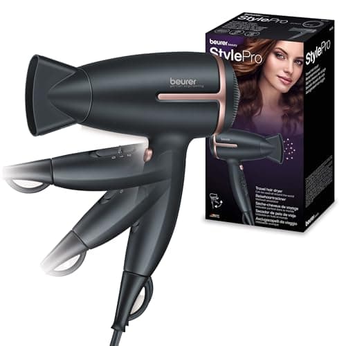 Image of Beurer HC 25 travel hair dryer with ion function, small, foldable and lightweight, 1600 watts, voltage switching from 110-120 /220-240 V, 25.9 x 8 x 15.6 cm, black/rose