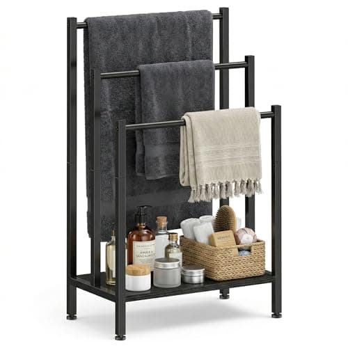Image of Free Standing Towel Rail, 3-tier Towel Rack with Storage Shelf, Towel Drying Stand for Bathroom Organizer Storage, Black