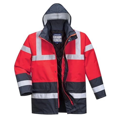 Image of Portwest S466 Hi-Vis Contrast Winter Traffic Jacket Mens Waterproof Reflective Safety Workwear Cold Weather Protection 300D Industry High Visibility, Red/Navy, XL
