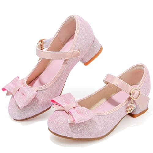 Image of Mokayu Mary Janes Princess Shoes Girls Party Shoes Kids High Heels with Bow Sparkly Flower Girl Shoes for Toddler Little Big Kids Wedding Birthday Prom Dress Up Pink UK 9