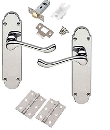 Image of Golden Grace Epsom Design Victorian Scroll Door Handles Lever on Shaped Backplate - Latch Door Pack with Hinges & Latch - Polished Chrome, 1 Set