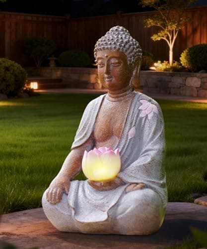 Image of Goodeco Solar Buddha Statue with Phink Lotus Lights - 21CM Sitting Zen Garden Ornaments for Patio Yard Balcony Garden Decor - Gifts for Women Men Meditation White