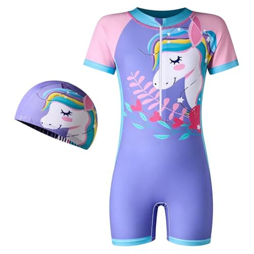 Image of LXEASYGO Girls Swimming Costume with Swim Cap Zipper One Piece Kids Swimsuit Short Sleeve Swimwear for Children Ages 4–10 (UK, Age, 9 Years, 10 Years, Regular, Purple)