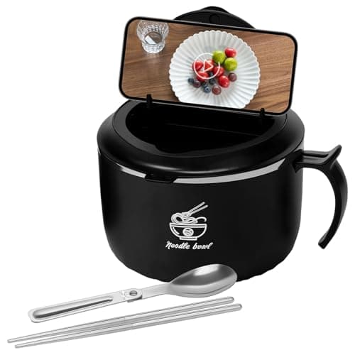 Image of Alongen 1600ml Rapid Ramen Bowl with Filterable Lid, with Splicing Spoon and Folding Chopsticks Multipurpose Cooker with Lid for Home Office College Dorm Room