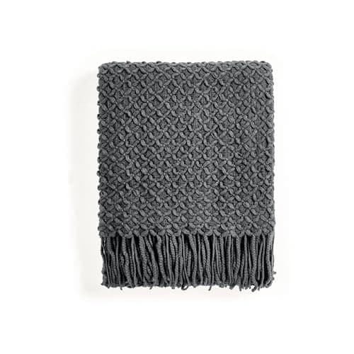 Image of CREVENT Farmhouse Boho Knitted Throw Blanket for Couch Sofa Chair Bed Home Decoration, Soft Warm Cozy Light Weight for Spring Summer Fall (127cmX152cm Dark Grey)