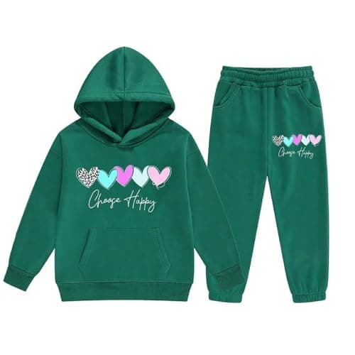 Image of Girls Tracksuit Set Kids Age 3-14 Years Long Sleeve Hoodie Sweatshirt and Trousers Outfits Sets for Girls Trendy Spring Winter Comfy School Casual Jogging Athletic Sport Streetwear (Green, 6-7 Years)