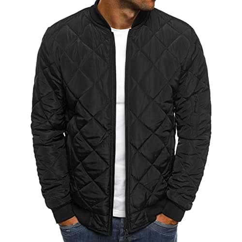 Image of Maiyifu-GJ Men Diamond Quilted Bomber Jacket Lightweight Softshell Flight Jackets Windbreaker Varsity Slim Fit Full Zip Coat, Black, L
