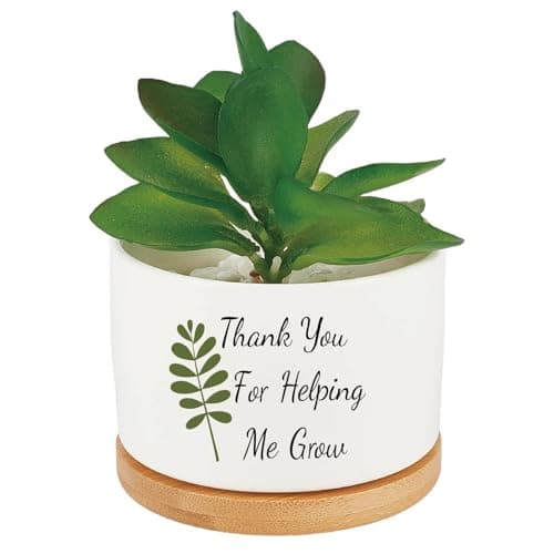 Image of CRASPIRE Thank You For Helping Me Grow Plant Pots Succulent Cactus White Ceramics Aloe Vera Flower Planter Wood Tray Drainage Hole Indoor Outdoor for Teacher Appreciation Graduation Gifts(No Plants)