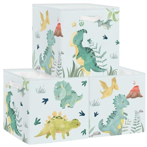 Image of Clastyle 3 pcs Dinosaur Cube Storage Unit Boxes Volcano Kallax Box for Shelves Parents Storage Baskets for Book Clothes Toy Organizer, Volcanoes, 11.8x11.8x11.8 in