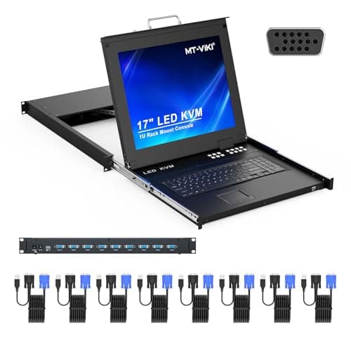 Image of 17" LCD KVM Switch 8 Port VGA, MT-VIKI 8x1 USB VGA KVM Console Drawer Rackmount For 1U 19" Rack + 8-pack KVM Cables + UK Power Supply