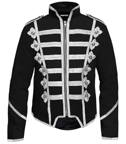 Image of Pamposh Steampunk Hussar Military Drummer Parade Jackets - Emo Punk Mens Jackets - Napoleon Gothic Clothing - Marching Band Jackets (UK, Alpha, L, Regular, Regular, Black & White)