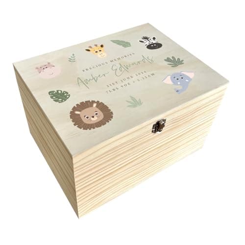 Image of Personalised Jungle Animals Baby Keepsake Box | First Memories Gift Box for Newborns | Custom Name and Date | Pine Wood with Metal Hinges & Clasp | W26cm x D18.9cm x H15.5cm