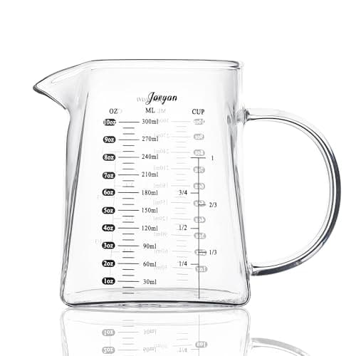 Image of Joeyan 300ml Glass Measuring Cup with 3 Scales, Espresso Shot Glass Measuring Jug with Handle and V-Shaped Spout, Small Pitcher Liquid Jug for Milk Coffee Cooking Baking, Freezer/Microwave Safe