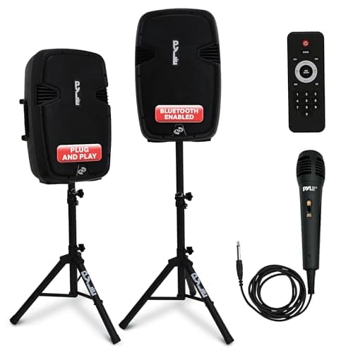 Image of Pyle Wireless Portable PA Speaker System - 1800W High Powered Bluetooth Compatible Active + Passive Pair Outdoor Sound Speakers w/USB SD MP3 AUX - 35mm Mount, 2 Stand, Microphone, Remote PPHP1249KT