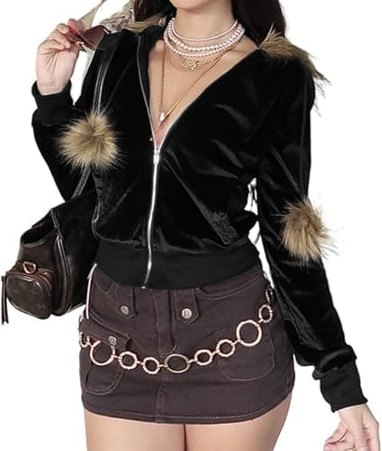 Image of LLECDASEUI Velvet Hoodies for Women, Long Sleeve Zip Sweatshirt Crop Top Jackets with Fur Hooded Drawstrings, Retro Y2k (L,Black)
