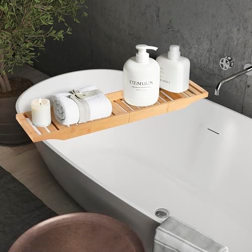 Image of Vencier Foldable Bamboo Bath Tub Rack – Adjustable Bathroom Shelf, Tidy Tray & Storage Caddy Organiser for Relaxing Spa Bath (Natural)