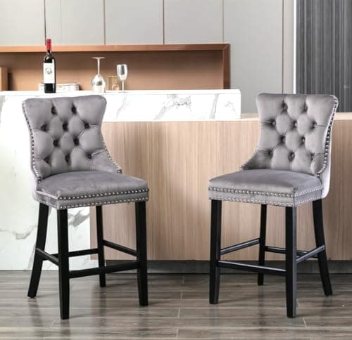 Image of HomeTouch Luxury Velvet Bar Stools Set of 2 Kitchen Breakfast Barstools with Wooden Legs Bar Chairs for Counter (2, Grey)