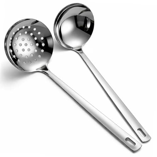 Image of Berglander Slotted Spoons and Kitchen Ladle Spoon Set 2 Pcs, Stainless Steel Kitchen Spider Strainer Skimmer Soup Ladle for Straining Pasta/Cooking/Frying, Serving Soup/Gravy, Metal Kitchen Utensils