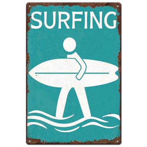 Image of SUPERDANT Surfing Metal Signs Beach Logo Tin Signs Surfer Crossing Vintage Tin Signs Surfboard Vintage Wall Art Retro Decor for Living Room Sea Lake Bedroom Beach House Retro Metal Decor 30x20cm