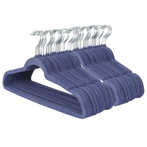 Image of Harbour Housewares Velvet Hangers - 45cm - 50x - Blue Non-Slip Coat Hangers with Trouser Bar Clothes Bar 360 Degree Swivel Hook Wardrobe Organiser for Suit & Shirt, Trouser