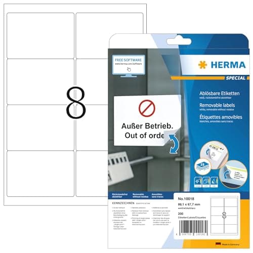 Image of HERMA Self Adhesive Removable Labels, 8 Labels per A4 Sheet, 25 Sheets, 99.1 x 67.7 mm, 200 Labels, Blank Multipurpose Labels Stickers, Sticky Labels for Laser & Inkjet Printer, White