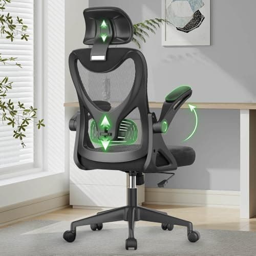 Image of Office Chair - Ergonomic Desk Chair with Lumbar Support Headrest Adjustable, Padded Flip-up Armrests Comfy Seat Cushion High Back Executive Manager Chair For Home Office