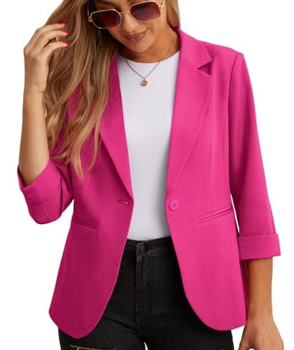 Image of GRECERELLE Womens Blazers Casual 3/4 Sleeves Jackets Suiting & Blazers Notched Lapel Solid Elegant Coat Work Office Formal Top Outerwear with Pockets Buttons for Women UK (A02 Hot Pink, 18)