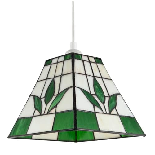 Image of Green and Amber Stained Glass Traditional Square Tiffany Pendant Lighting Shade | 21cm x 17cm | Art Deco Style by Happy Homewares
