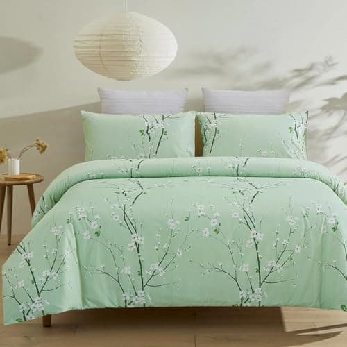 Image of YEPINS Soft Quilt Duvet Cover Set with Zipper Closure and Corner Ties, Tree Branch Printed Pattern, Green Colour - Brushed Microfiber Super King Size(260X220CM)