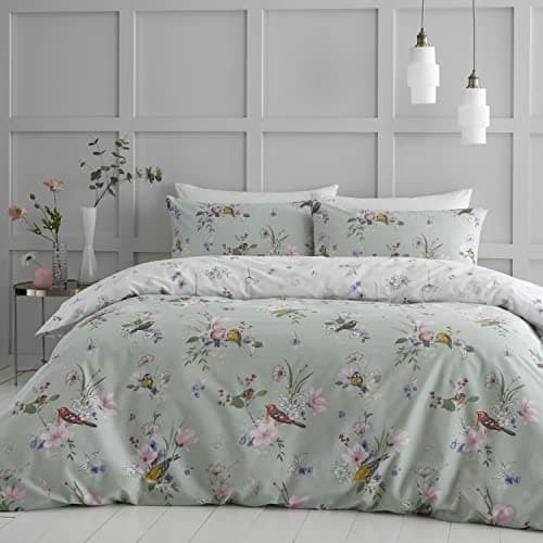 Image of Catherine Lansfield Bedding Songbird King Duvet Cover Set with Pillowcases Sage Green