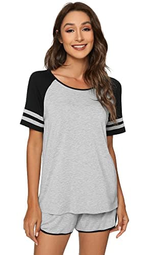 Image of WiWi Womens Pajamas Set Soft Short Sleeve Pajama Sets Summer Shorts Viscose from Bamboo Sleepwear S-XXL, Light Heather Grey, Large