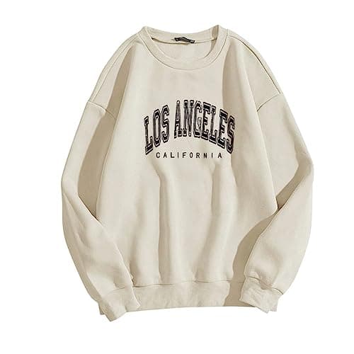 Image of Women's Hoodies Soft Lightweight Sweatshirts Long Sleeve Letter Print - Los Angeles, Women Crew Neck Sweat Loose Fit Sweatshirt none pockets Teen Girls Casual Oversized Pullover Tops For Fall Spring