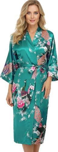 Image of Trifolium Kimono - Silky Satin Bath Gown with Peacock & Blossoms Print Kimono Turquoise Factory Label XS UK 6-8 (NG8701-XS-TQ-1PC)