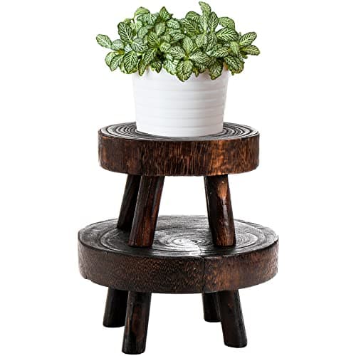 Image of TOPZEA Set of 2 Mini Wooden Stool Display Stand, Wood Riser for Bonsai, Flower Pot, Small Potted Plant Stands Round Rustic Planter Stools Pedestal Risers for Garden, Patio, Home
