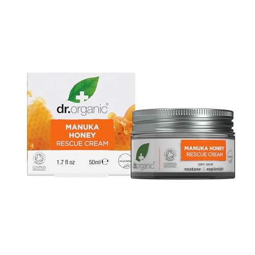 Image of Dr Organic Manuka Honey Rescue Cream, Dry Skin, Mens, Womens, Natural, Vegetarian, Cruelty-Free, Paraben & SLS-Free, Certified Organic, 50ml, Packaging may vary