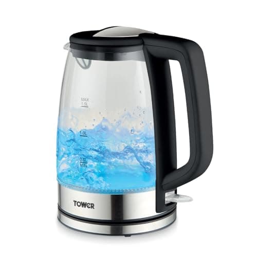 Image of Tower PT10090BLK Illuminating Glass Kettle with Removable Filter, Boil Dry Protection, 1.7L, 2200W, Black & Stainless Steel
