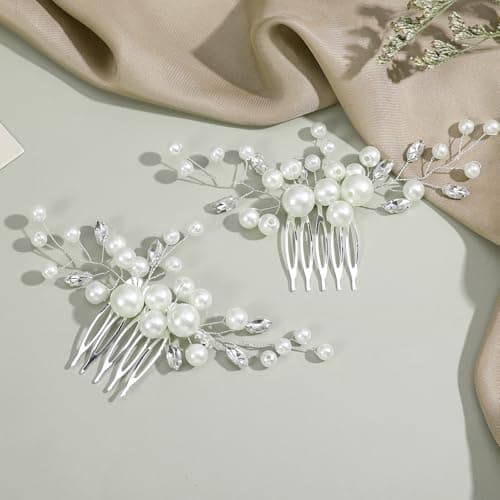Image of DOPENSPI 2PCS Pearl Wedding Hair Comb, Rhinestone Pearl Hair Accessories Crystal Hairs Pieces Bridal Hairs Clips for Women and Brides Bridesmaid